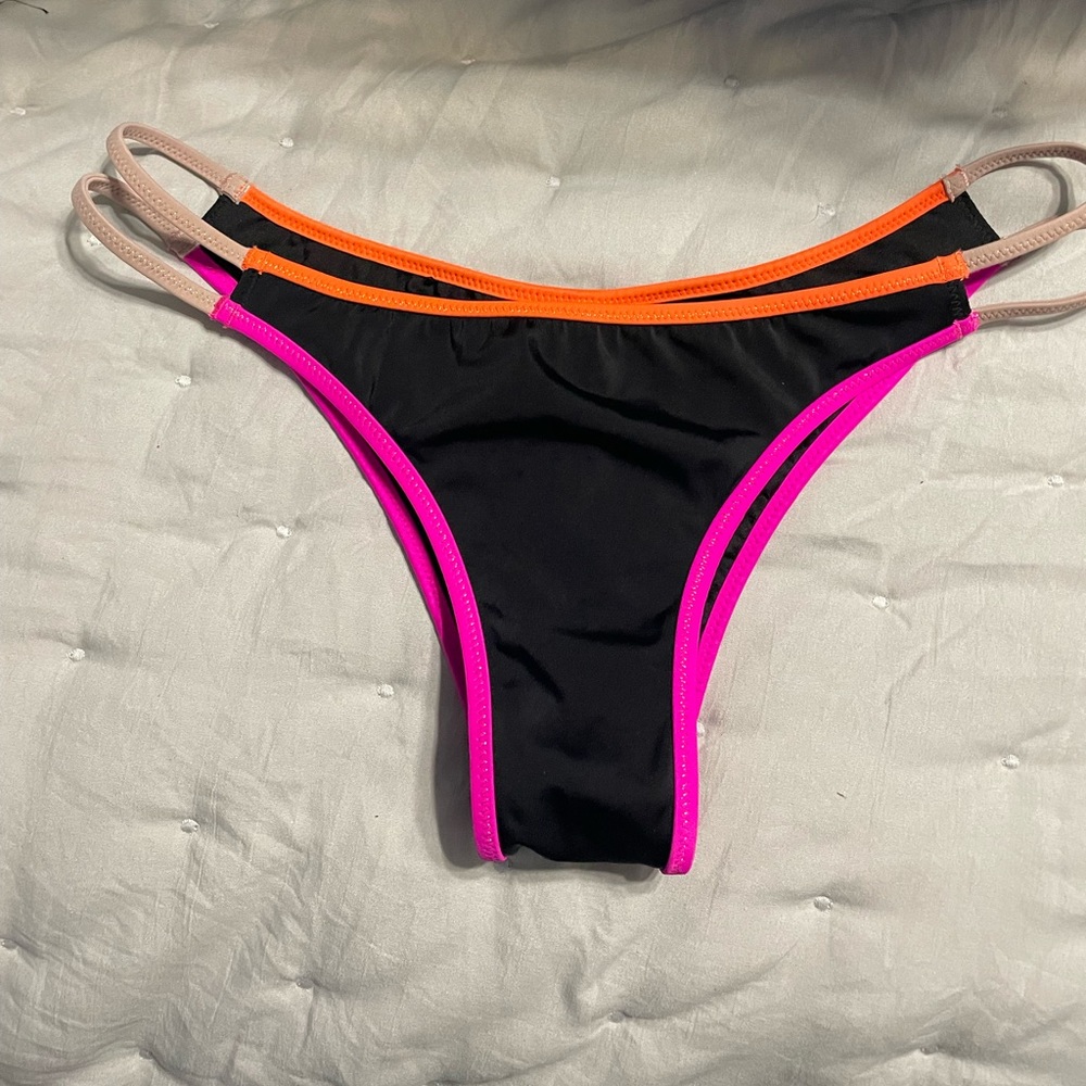Black Bikini Bottom with Neon Pink & Orange Trim - Women Swim - Picture 2 of 3